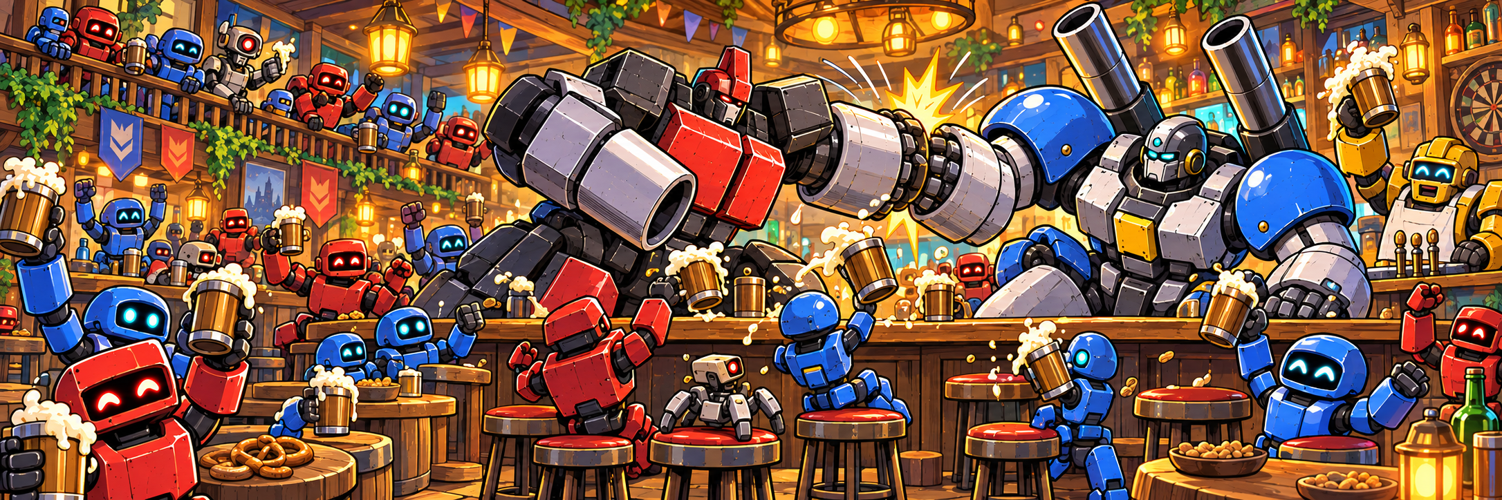 A playful comic brawl between a Cortex Juggernaut and an Armada Titan in a lively bar packed with cheering smaller Beyond All Reason robots.