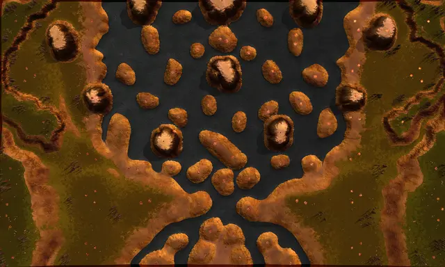 Top-down picture of Baryon Tar Lake with 16 starting positions marked by role (Front, Tech, Air). Map by Nikuksis, via BAR maps-metadata.