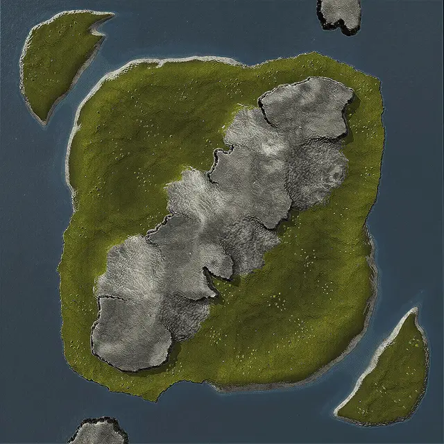 Top-down picture of Mariposa Island with 16 starting positions marked by role (Front, Air, Sea). Map by Nikuksis, via BAR maps-metadata.