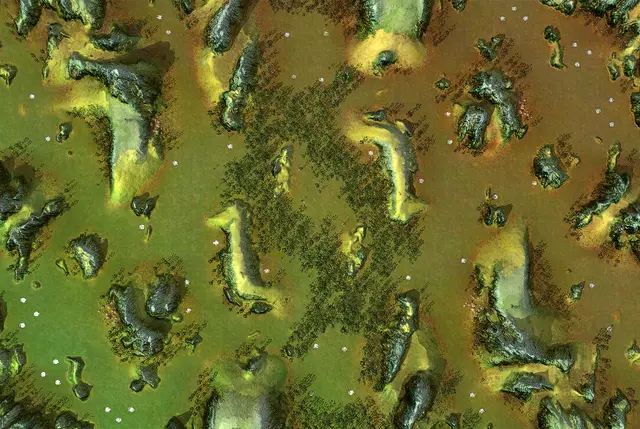 Top-down picture of Otago with 16 starting positions marked by role (Front, Tech, Air). Map by Moose, via BAR maps-metadata.
