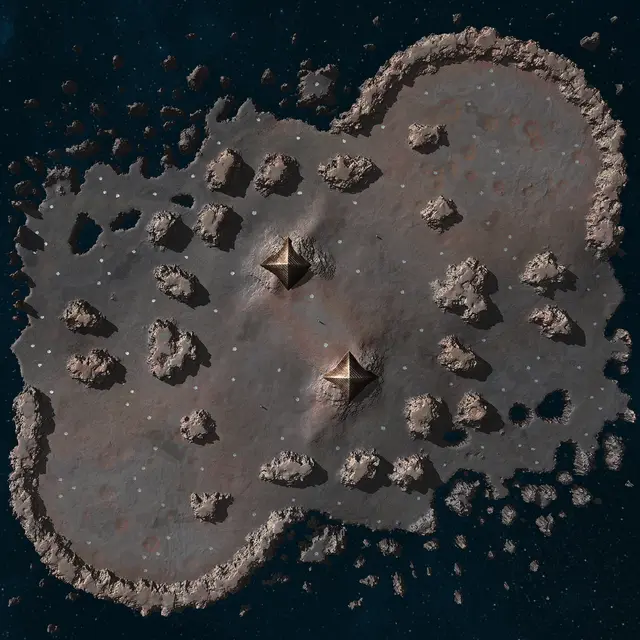 Top-down picture of Proving Grounds with 16 starting positions marked by role (Front, Air, Front/Tech). Map by Nikuksis, via BAR maps-metadata.