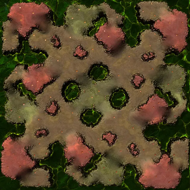 Top-down picture of Stronghold with 16 starting positions marked by role (Front, Tech, Air). Map by Nikuksis, Beherith, via BAR maps-metadata.