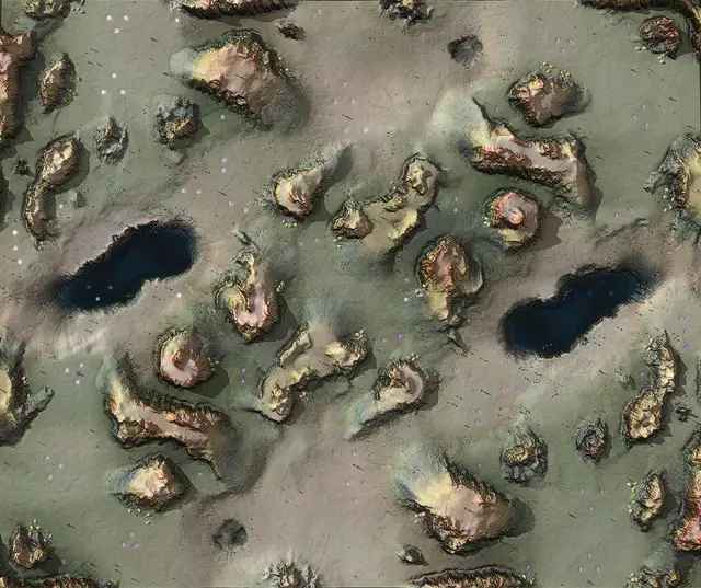 Top-down picture of Twin Lakes Park with 16 starting positions marked by role (Front, Air). Map by Moose, via BAR maps-metadata.